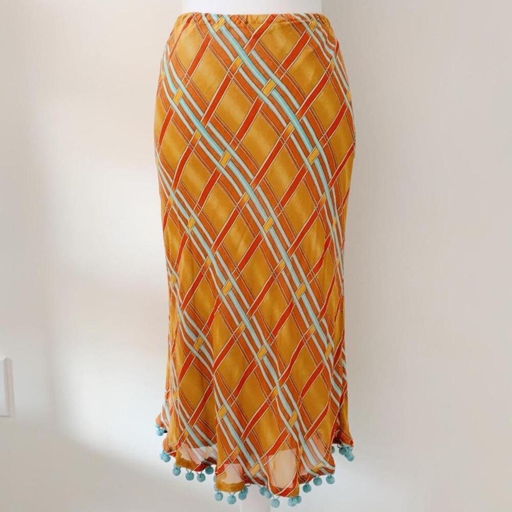 Y2K Striped Midi Skirt with Pom Pom Hem Size S
